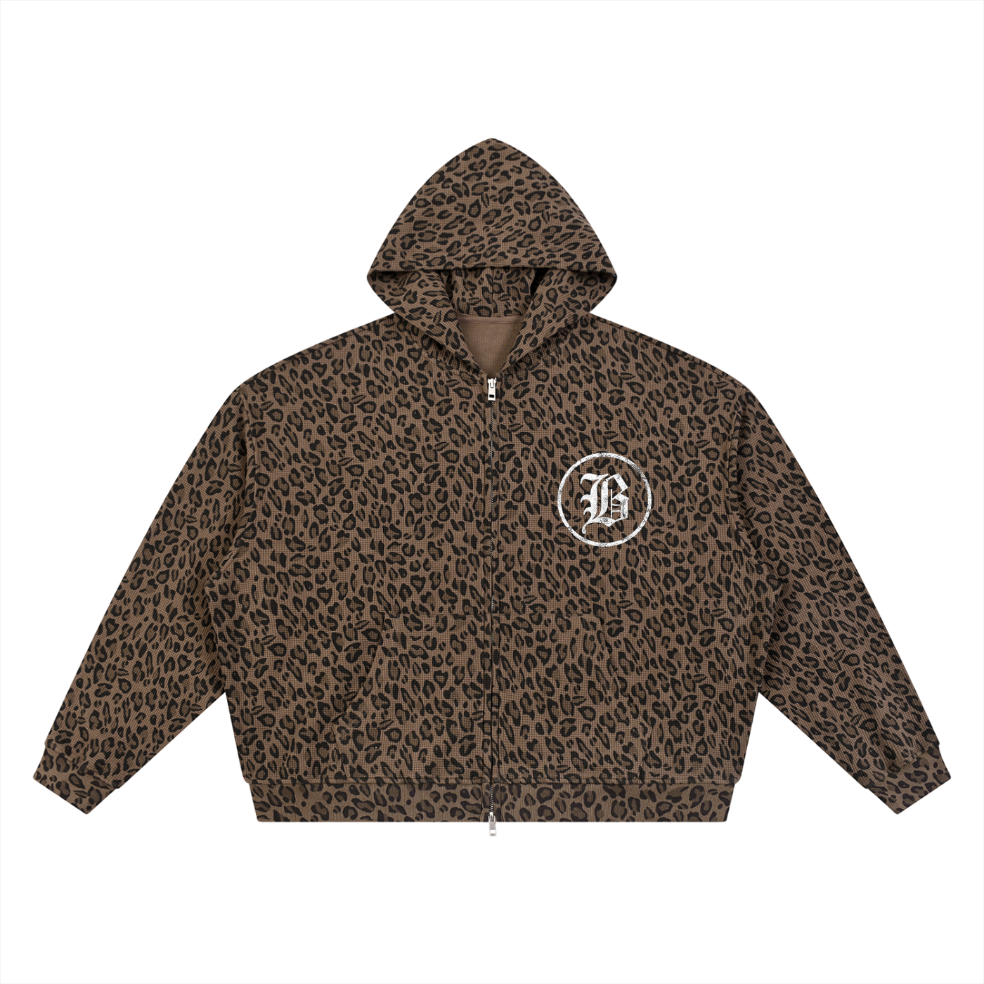 Leopard Print Waffle Full Zip Hoodie