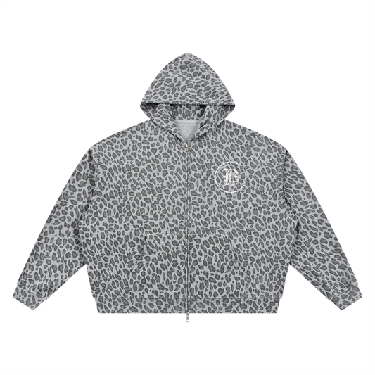 Leopard Print Waffle Full Zip Hoodie