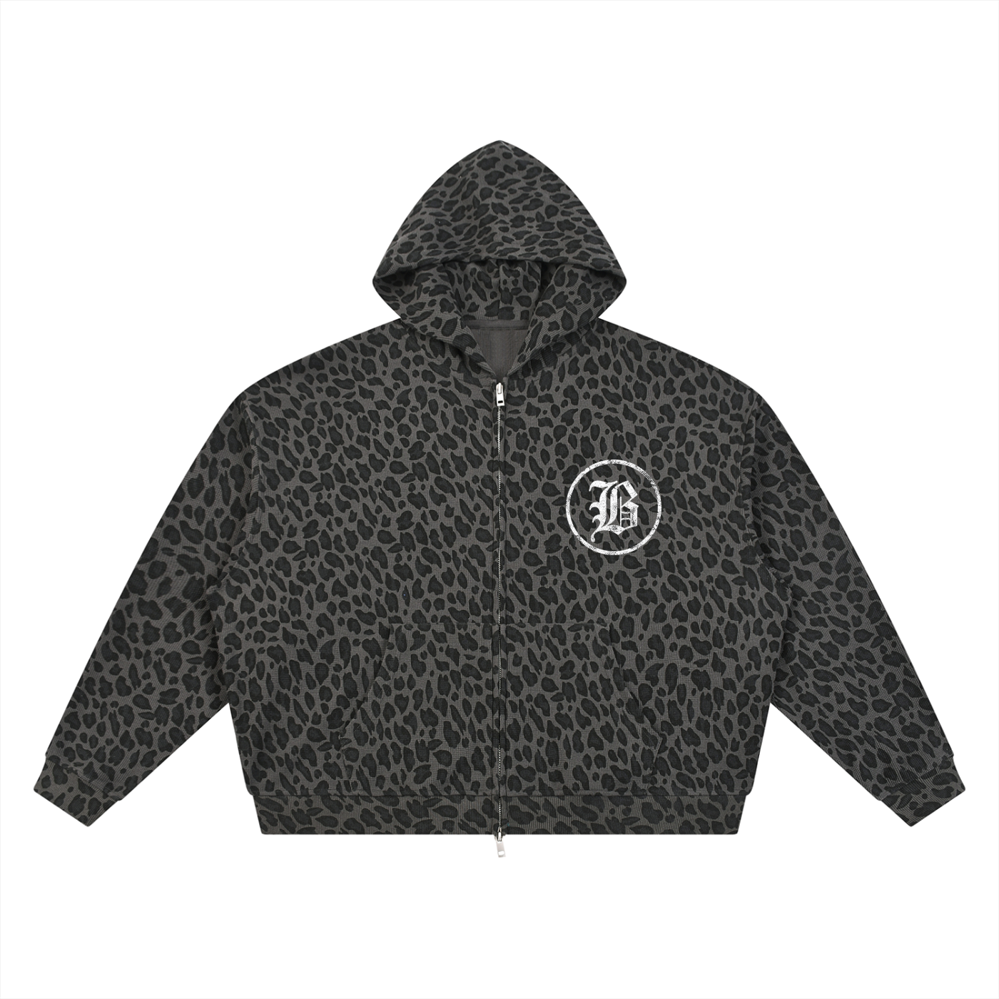 Leopard Print Waffle Full Zip Hoodie