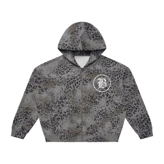 Unisex Vintage Wash Leopard Full Zip Hoodie